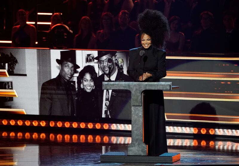Janet Jackson introduces inductees Jimmy Jam and Terry Lewis during the Rock & Roll Hall of Fame Induction Ceremony at the Microsoft Theatre in Los Angeles