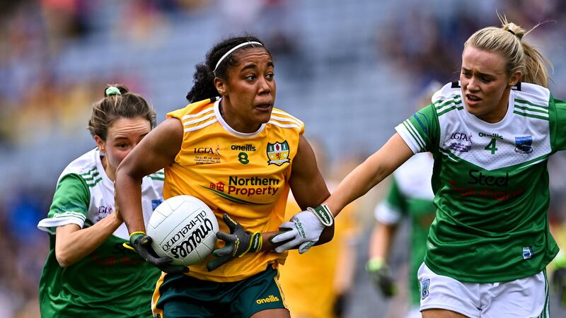  Lara Dahunsi of Antrim in action against Aisling O'Brien (left) and Shannan McQuade of Fermanagh during the TG4 All-Ireland Ladies Football Junior Championship Final match between Antrim and Fermanagh at Croke Park Picture: Piaras Ó Mídheach/Sportsfile