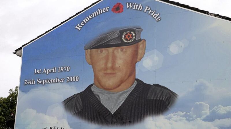 A mural and memorial to former UDA man Stevie McKeag in the Shankill area. Picture by Mal McCann. 