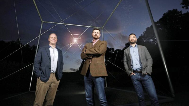Pictured at the Armagh Planetarium&rsquo;s Hypercube to mark the official launch of Discovernet are (from left) Dr Darren Burns (solutions architect), Jim Campbell (chief commercial officer) and Lee Stuart (managing director) 
