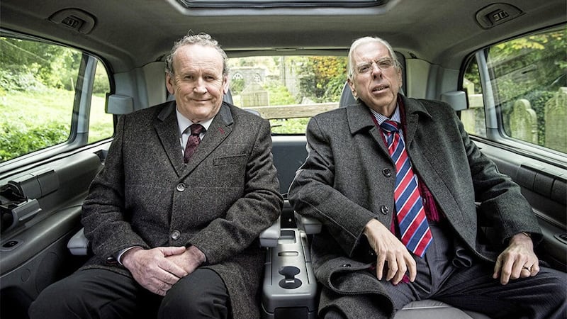 Colum Meaney as Martin McGuinness and Timothy Spall as Ian Paisley in The Journey. Picture by Steffan Hill 