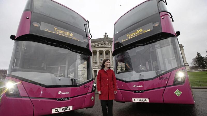 Infrastructure Minister Nichola Mallon outside Stormont with two Wrightbus-made zero emission buses. The latest order for Derry will include 38 battery electric buses, due to enter service in 2023. Picture by Hugh Russell. 
