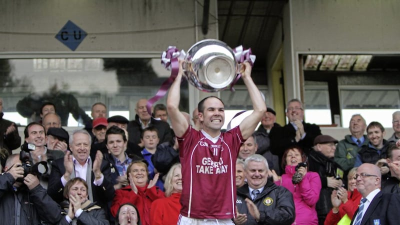 Ballybay captain Paul Finlay hoists aloft the Mick Duffy Cup after their Monaghan championship win in 2012. They are back in the final this Sunday, when they take on four in-a-row chasing Scotstown. Picture by Philip Fitzpatrick 