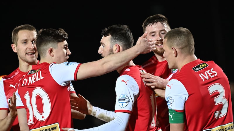 Jamie McDonagh celebrates with his Cliftonville team-mates after his second goal in the Danske Premiership clash with Ballymena at the Showgrounds&nbsp;