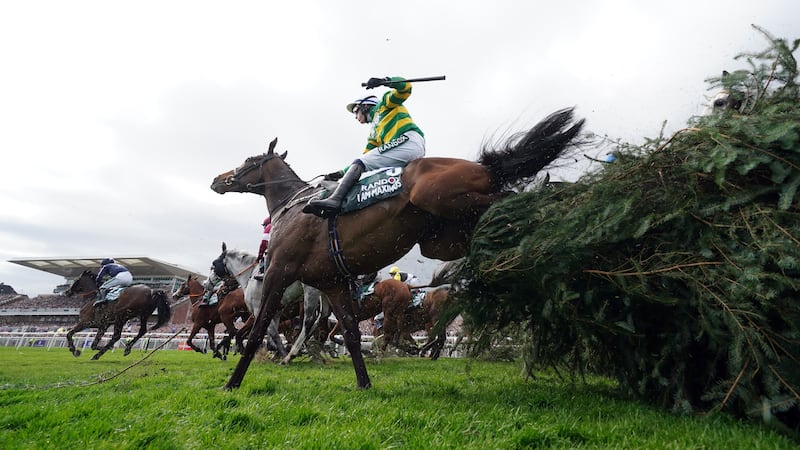 I Am Maximus ridden by Paul Townend, jumps the Chair, on their way to winning the Randox Grand National Handicap Chase