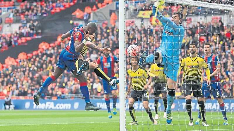 &nbsp;Yannick Bolasie heads in Crystal Palace&rsquo;s opening goal in yesterday&rsquo;s FA Cup semi-final win over Watford<br/>at Wembley<br />Picture by PA