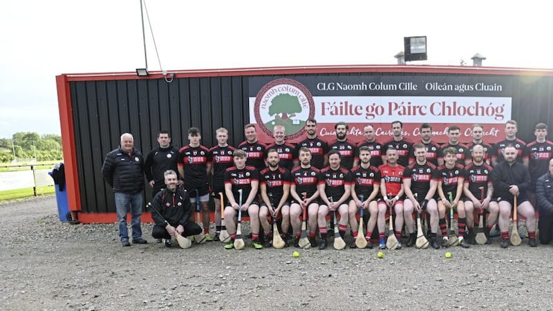 The Naomh Colum Cille hurling senior squad and management at Pairc Chlochog. Pic: Sean McAliskey 