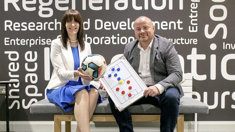 West Belfast company ConceptApps plans to expand into the US market with its TeamFeePay web based application that supports sports clubs with the collection of subscriptions. Innovation Factory innovation director, Majella Barkley is pictured with Darren McArdle, operations director for TeamFeePay 