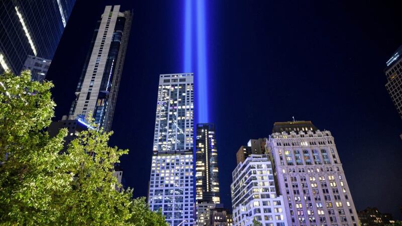 The annual &quot;Tribute in Light&quot; is illuminated on the 20th anniversary of the September 11 attacks in New York. Picture by AP Photo/Brittainy Newman 