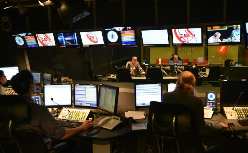 John Humphrys and Evan Davis during Today's first broadcast at its new home in New Broadcasting House