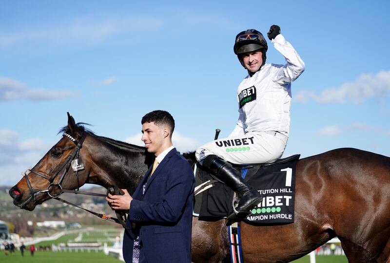 Nico de Boinville celebrates on board Constitution Hill after victory in the Unibet Champion Hurdle at Cheltenham on Tuesday