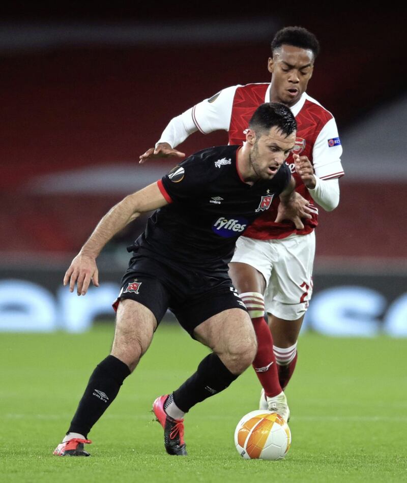 Dundalk&#39;s Pat Hoban, pictured battling with Arsenal&#39;s Joe Willock during last week&#39;s clash at the Emirates, insists the Lilywhites had no reservations about travelling to Vienna just days after a suspected terrorist attack in the city. Picture by PA 