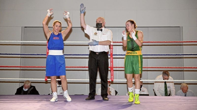 Carly McNaul marked her return to the ring with a composed display to defeat Holy Family&#39;s Sionnan McKenna in the Ulster elite final last night. Picture by Mark Marlow 