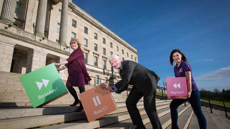 Assembly health committee chairwoman Maeve McLoughlin helps David Babington and Amy Black of Action Mental Health to push mental health to the top of Stormont&#39;s agenda 