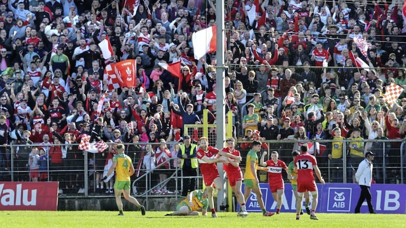 Derry's Conor Glass sends Oak Leaf supporters wild as he scores a very late point in extra time to ensure victory over Donegal in the Ulster SFC Final at Clones.<br /> Picture Margaret McLaughlin