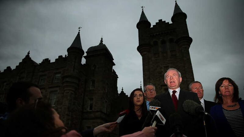 Martin McGuinness speaks to the media at Stormont Castle today