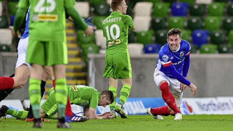 Linfield's Andrew Waterworth after scoring his team's second goal during Monday's 2-0 win over Cliftonville in the Danske Bank Premiership clash at Windsor Park<br />Picture by Pacemaker<br />&nbsp;