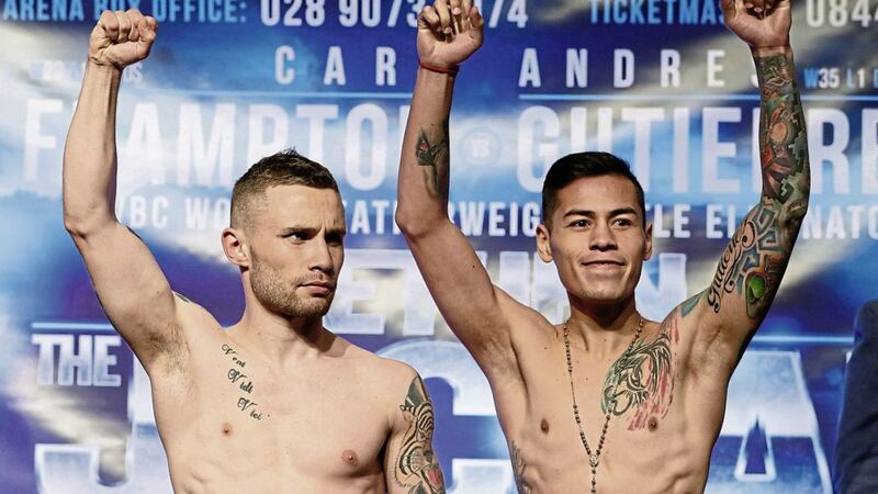 Carl Frampton (left) and Andres Gutierrez during the weigh-in at the Europa Hotel, Belfast yesterday before the dramatic cancellation hours later