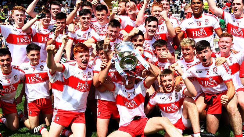 Derry minors celebrate winning the Ulster Minor Football Championship final