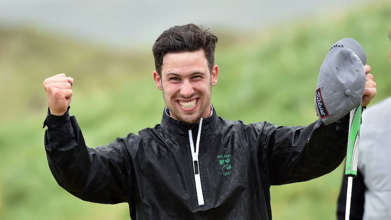 Alex Gleeson (Castle) show his delight after winning the AIG Irish Amateur Close Championship on the 17th green at Ballyliffin Golf Club<br />Picture by Pat Cashman