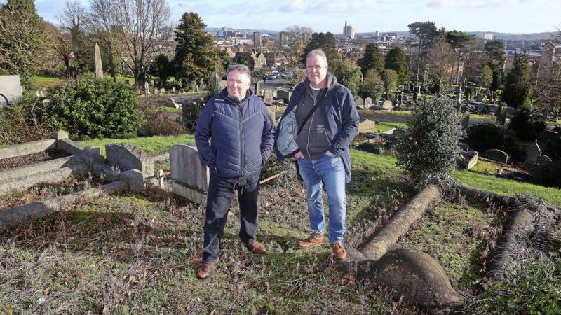 Belfast City Cemetery tour guides Aidan Crean and Dara Barrett Picture by Mal McCann 