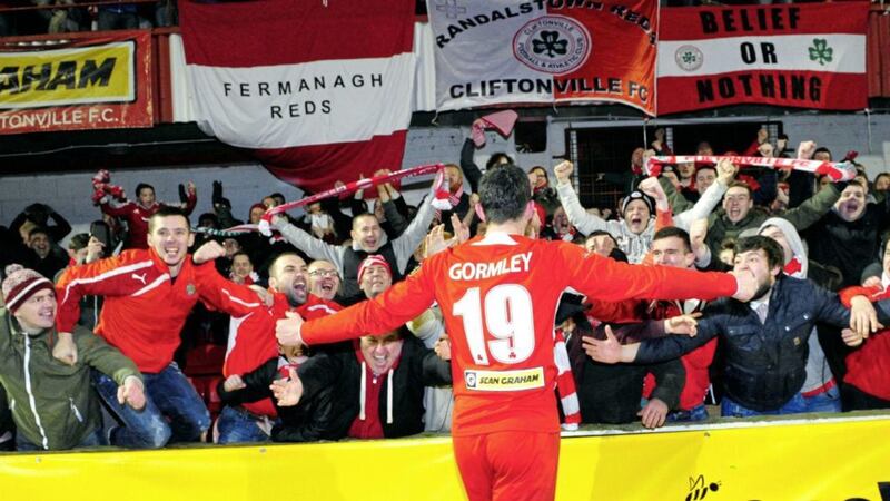 <span style="font-family: Arial, Verdana, sans-serif; ">Joe Gormley celebrates with Reds fans during his first spell at Cliftonville&nbsp;</span>