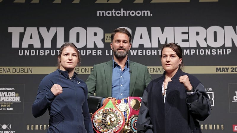 Katie Taylor and Chantelle Cameron, head-to-head with Eddie Hearn in Dublin n Monday, meet for real on May 20. 