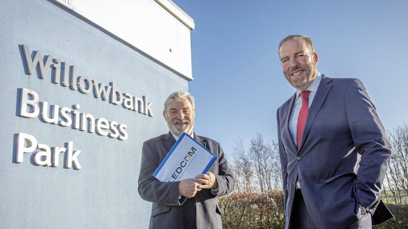Ledcom chair Dr Norman Apsley (left) at Willowbank Business Park in Larne with the agency&#39;s chief executive Ken Nelson 