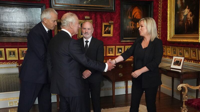 King Charles meeting Assembly Speaker Alex Maskey and Sinn Féin Vice President Michelle O'Neill at Hillsborough Castle last week. Picture by Niall Carson/PA Wire