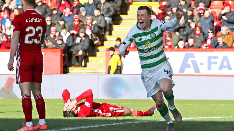 Celtic's Callum McGregor celebrates&nbsp;scoring his side's first goal during the Ladbrokes Scottish Premiership match at Pittodrie Stadium, Aberdeen on Sunday February 16, 2020. Picture by Jane Barlow/PA Wire.&nbsp;
