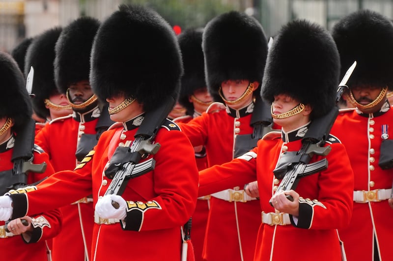 Guardsmen from the Scots Guards during the Changing of the Guard at Buckingham Palace