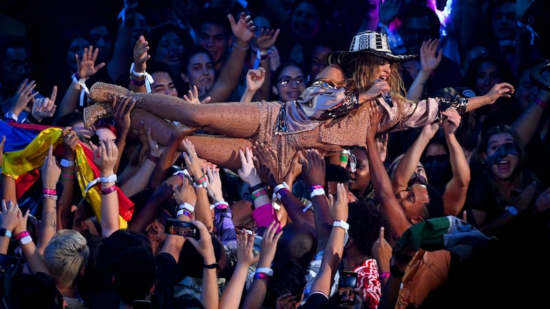 Shakira crowd-surfs while performing at the MTV Video Music Awards (Doug Peters/PA)