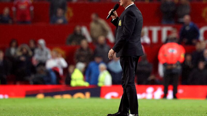 Manchester United manager Louis van Gaal addresses the fans at Old Trafford following United's last league game of the season against Bournemouth on Tuesday night<br />Picture by PA&nbsp;