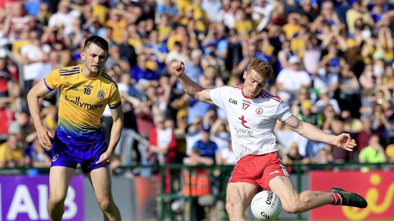Tyrone&#39;s Peter Harte and Roscommon&#39;s Brian Stack in action during the GAA Football All-Ireland Senior Championship quarter-final Group 2 Phase 1 clash at Dr Hyde Park in Roscommon on Sunday July 13 2019. Picture by Philip Walsh 