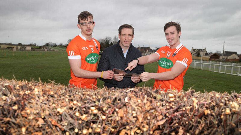 Armagh footballers Ciaron O'Hanlon and Ethan Rafferty with manager Kieran McGeeney at Down Royal Race course for the launch of the My Armagh day at the races on Monday, May 2