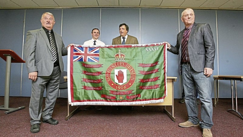 Jim Wilson, Winston Irvine, David Campbell and Jackie McDonald at the unveiling of a Somme centenary flag by the Loyalist Communities Council (LCC). Picture Mal McCann. 