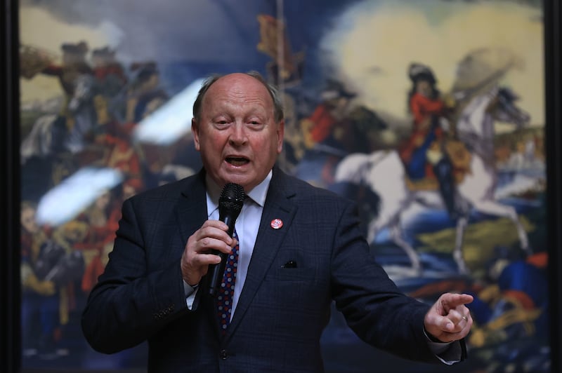 TUV leader Jim Allister speaking during the public meeting in Moygashel. PICTURE: LIAM MCBURNEY/PA