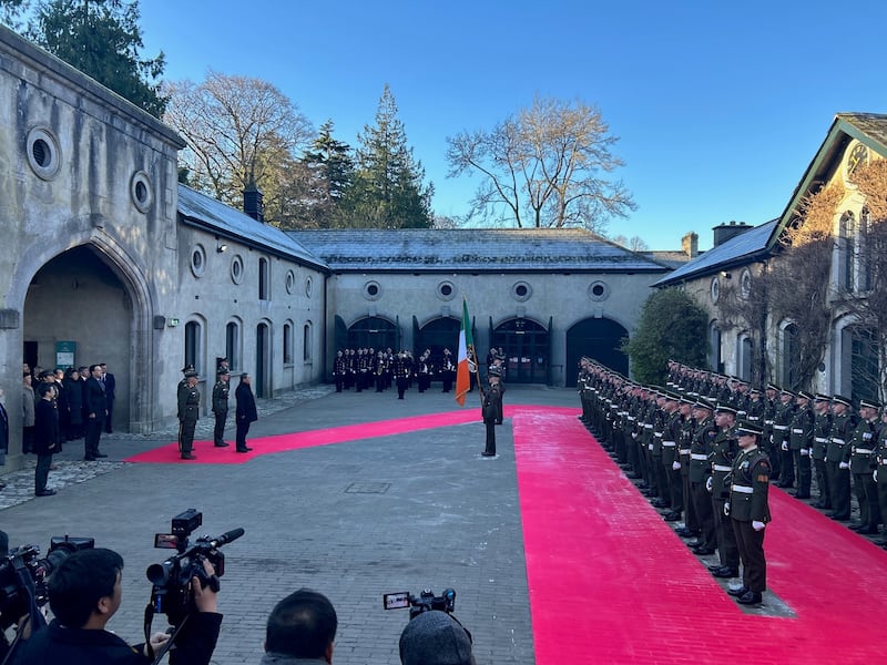 Chinese premier Li Qiang receives a guard of honour at Farmleigh House, Dublin