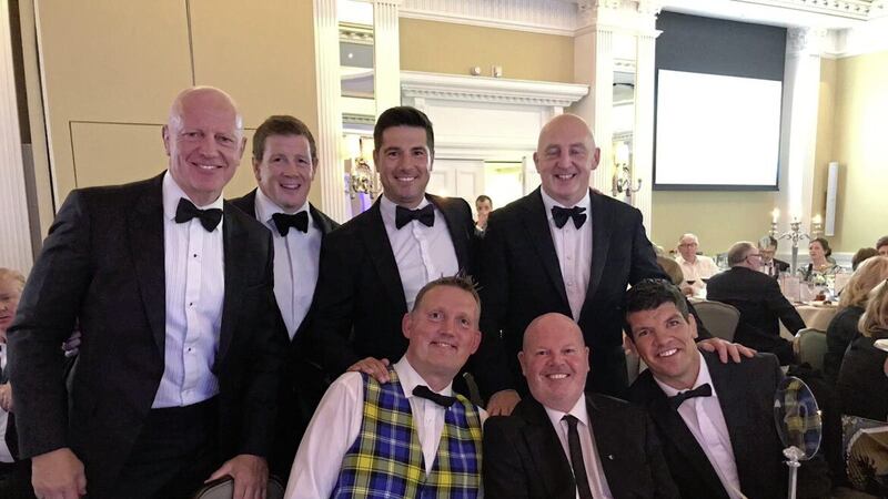 The late Anto Finnegan&#39;s DeterMND charity donated &pound;17,000 at an appreciation night several years ago for former Scottish rugby star Doddie Weir, who suffers from the life-limiting disease. Pictured are (front row): Doddie Weir, Anto Finnegan, and Donncha O&#39;Callaghan, with (back row) Paul Wallace, Craig Doyle (ITV presenter), and Keith Wood. 