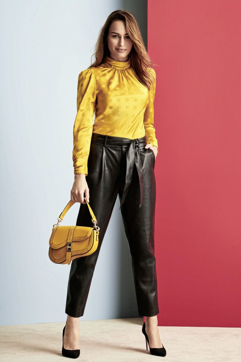 Dorothy Perkins Yellow Spot Design Jacquard Top, currently reduced to &pound;21 from &pound;28; Yellow Multi-Way Shoulder Bag, reduced to &pound;18.75 from &pound;25; Black &#39;Excite&#39; Pointed Toe Court Shoes, reduced to &pound;18.75 from &pound;25; Paper Bag Trousers (available from late October), &pound;28 