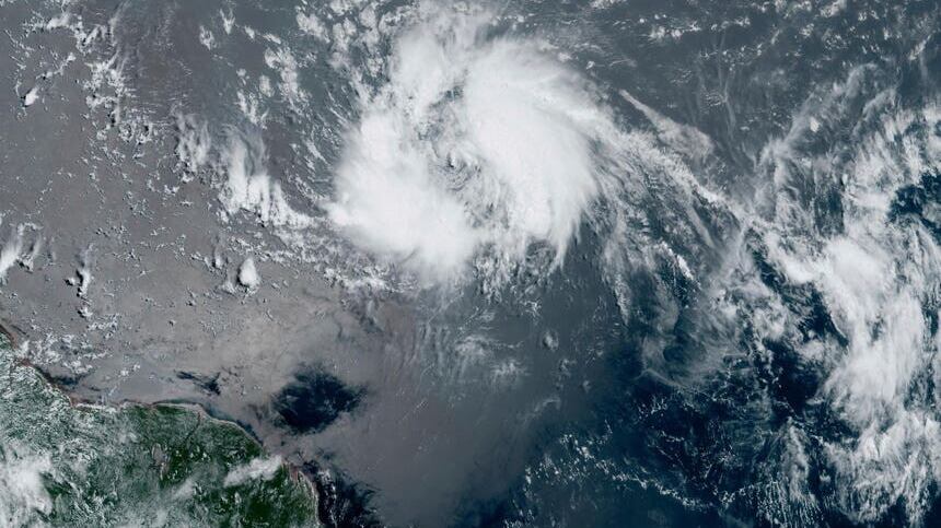 GeoColor satellite image taken on Tuesday of Tropical Storm Bret heading towards the eastern Caribbean. (NOAA/AP)