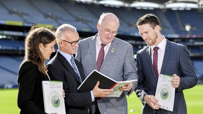 Attendees, from left, Elish Kelly, Senior Research Officer, ESRI, Alan Barrett, Director of the ESRI, Uachtar&aacute;n Chumann L&uacute;thchleas Gael John Horan and Seamus Hickey, CEO of the GPA, during the launch of the ESRI Report into Playing Senior Intercounty Gaelic Games at Croke Park in Dublin. Photo by Sam Barnes/Sportsfile 