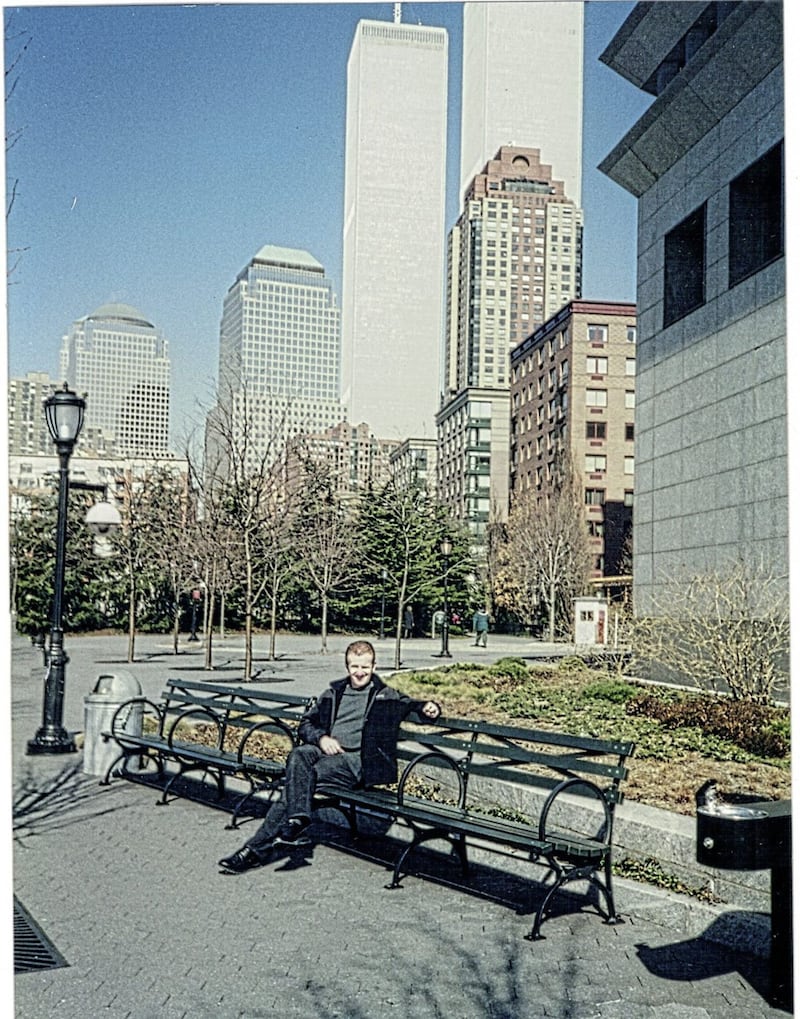 Jake pictured during a 2001 visit to New York; six months to the day later, the Twin Towers of the World Trade Center, shown in the background, were attacked 