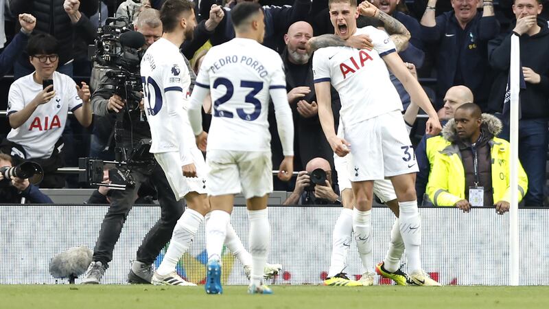 Micky van de Ven (right) celebrates scoring in Tottenham’s 3-1 win over Nottingham Forest