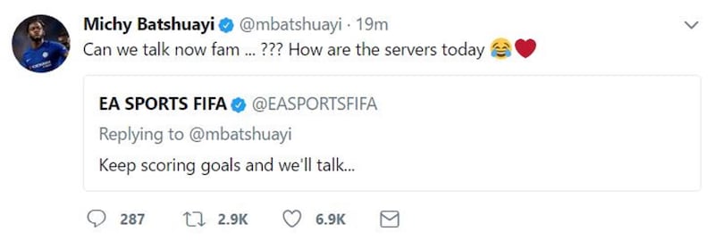 A screenshot of Michy Batshuayi's tweet to EA Sports