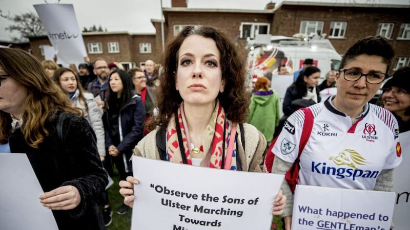Belfast Feminist Network activists hold a protest outside Ulster Rugby&#39;s Kingspan Stadium in east Belfast last year. File picture by Liam McBurney, Press Association 