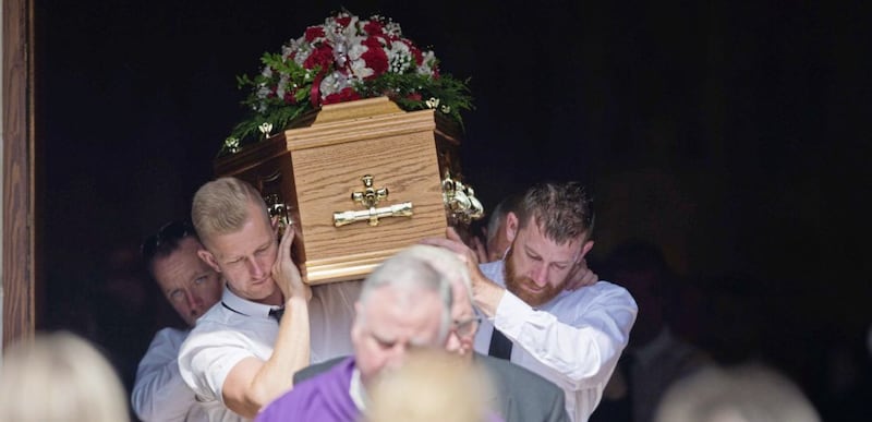The coffin of Callum Morrow is brought from St Peter&#39;s Church in Lurgan following Requiem Mass. Picture by Mark Marlow 