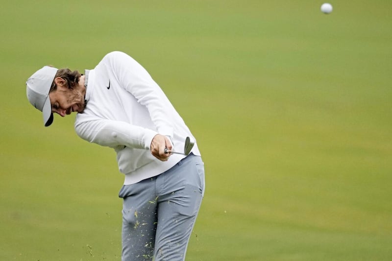 Tommy Fleetwood, of England, hits from the fairway on the 17th hole during a practice round for the U.S. Open Championship golf tournament at The Los Angeles Country Club on Wednesday, June 14, 2023, in Los Angeles. (AP Photo/Marico J. Sanchez)