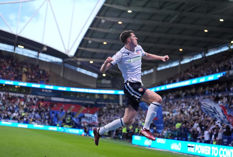 Eoin Toal celebrates scoring Bolton’s second goal in their 3-2 League One play-off semi-final second leg defeat against Barnsley, which saw them reach the Wembley final 5-4 on aggregate .