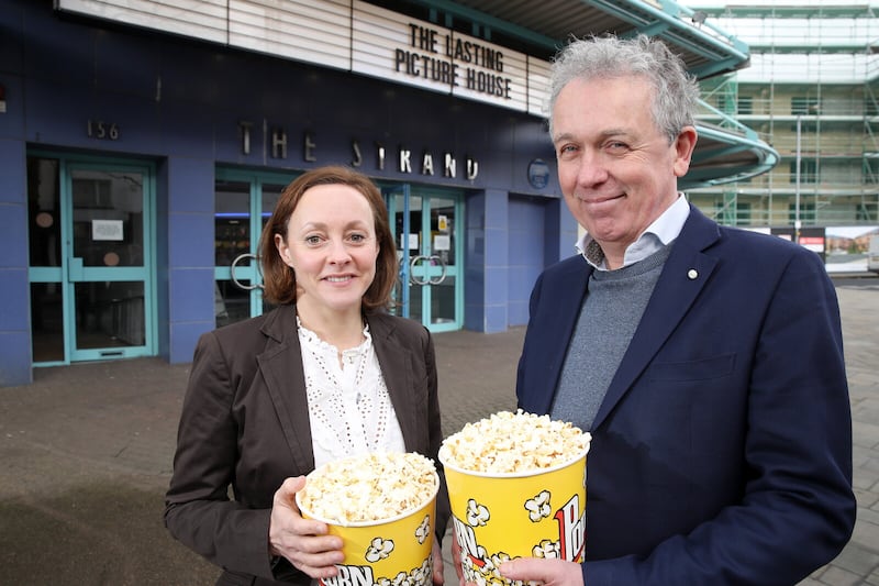 Strand Arts Centre CEO Mimi Turtle and Dr Paul Mullan, Northern Ireland director at The National Lottery Heritage Fund